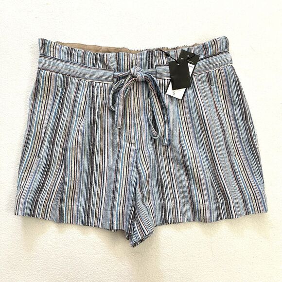 NWT BCBGMaxazria Blue Multi Renee Striped Belted High Waist Paper Bag Shorts S - Picture 2 of 8